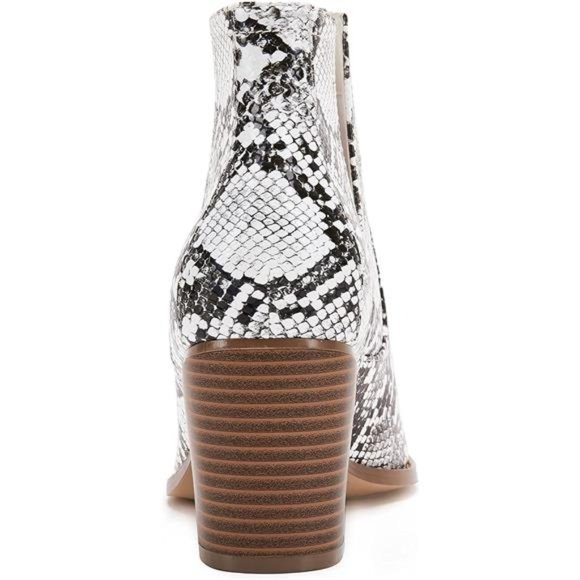 Womens Pointed Toe Stacked Mid Heel Ankle Boots V Cut Faux Leather Booties - Picture 2 of 7